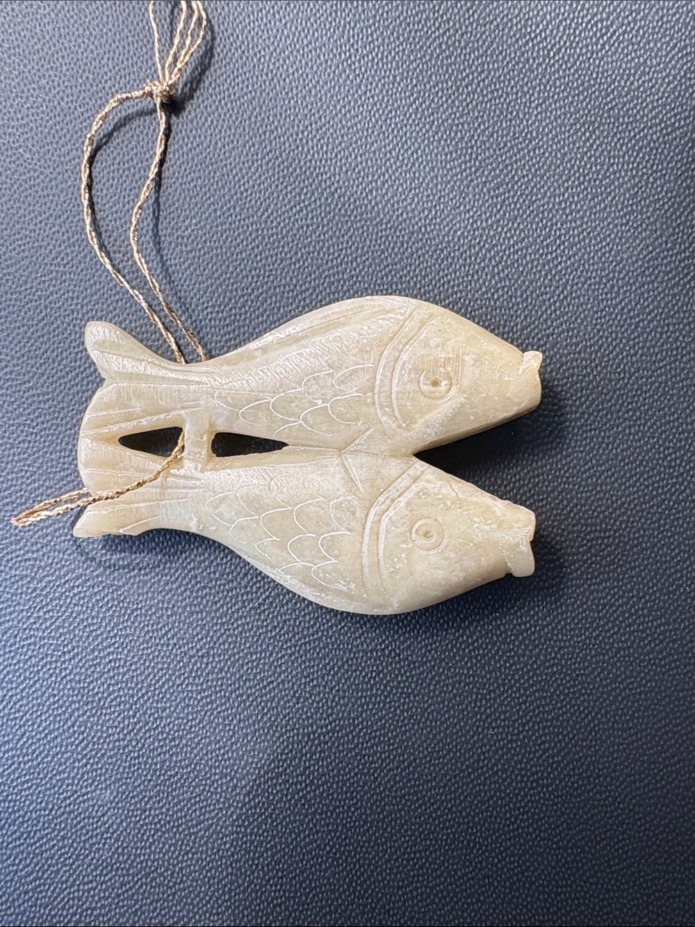 Vintage Oriental Carved Celadon / Green Jade Fish 2" Pendant Amulet, Whistle